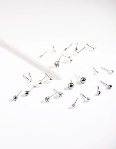 Lovisa Rhodium Tiny Graduated Black Earring 12 Pack In Silver
