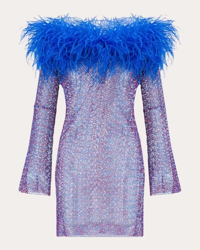 Santa Brands Sparkle Fuchsia/blue Stones Mini Feathers Dress With Open Shoulders