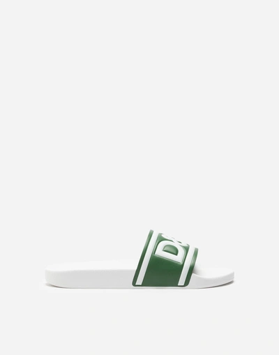 Dolce & Gabbana Printed Calfskin And Rubber Sliders In White/green