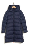 Save The Duck Rita Hooded Long Puffer Jacket In Navy Blue