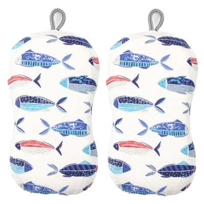 Mu Kitchen Durable Microfiber Sponge With Scrubber, Set Of 2, Fish In Blue