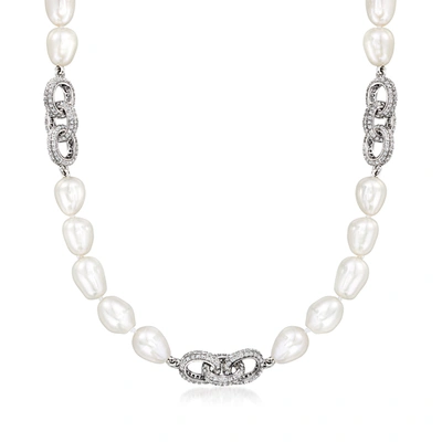 Ross-simons 7.5-8.5mm Cultured Semi-baroque Pearl And White Topaz Oval-link Necklace In Sterling Silver In Multi