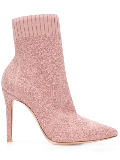 Gianvito Rossi Fiona Pink Stretch Knit Ankle Boots In Dahlia