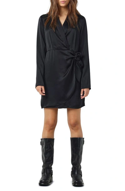 Noisy May Leyla Long Sleeve Satin Faux Wrap Dress In Black