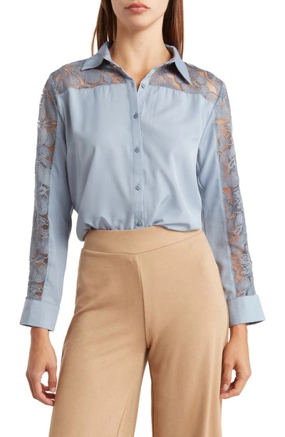 Forgotten Grace Lace Inset Polished Button-up Shirt In Denim