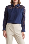 Forgotten Grace Lace Inset Polished Button-up Shirt In Navy