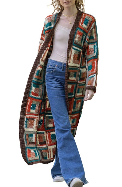 Saachi Granny Square Crochet Longline Cardigan In Brown