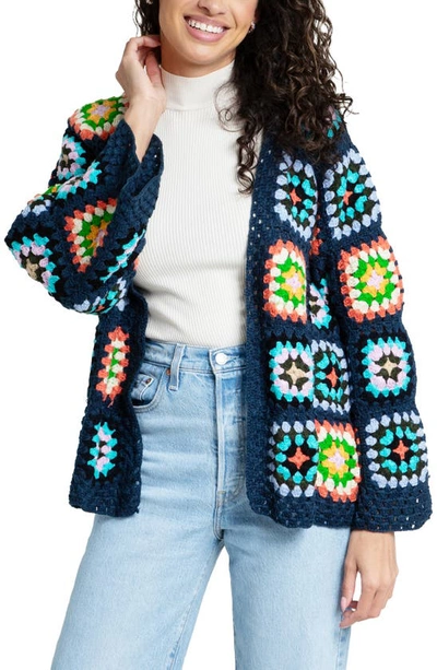 Saachi Granny Square Crochet Cardigan In Blue