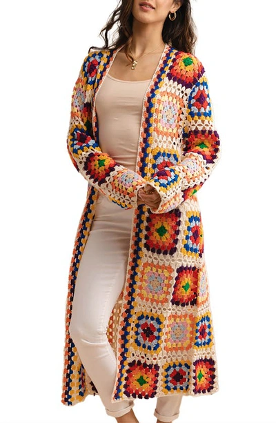 Saachi Granny Square Crochet Longline Cardigan In Ivory