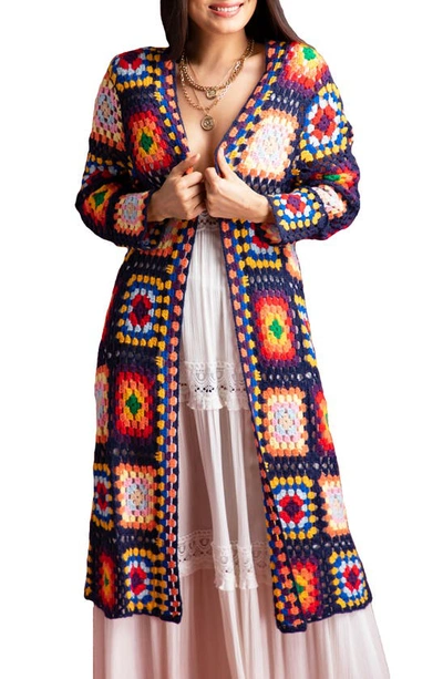 Saachi Granny Square Crochet Longline Cardigan In Multi