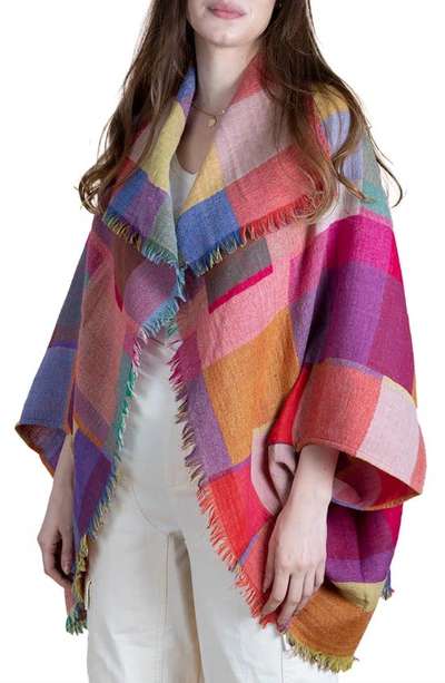 Saachi Rainbow Plaid Wool Ruana In Yellow Multi