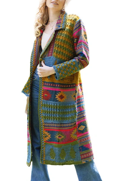 Saachi Geometric Crochet Longline Cardigan In Green