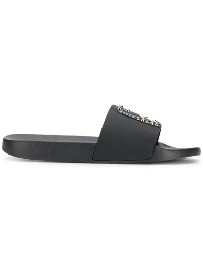 Dolce & Gabbana Rubber And Calfskin Sliders With Patches Of The Designers In Black