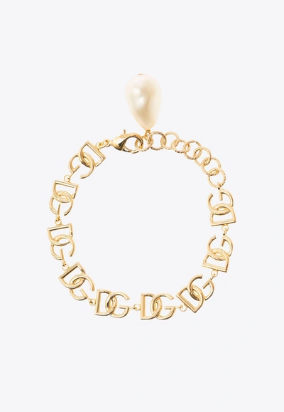 Dolce & Gabbana Dg Logo Chain Pearl Bracelet In Gold