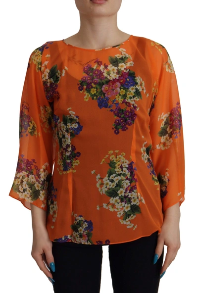 Dolce & Gabbana Orange Floral Print Long Sleeve Women's Blouse