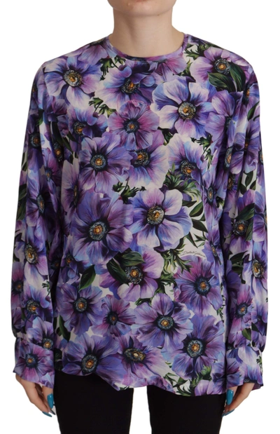 Dolce & Gabbana Purple Floral Silk Long Sleeve Top Women's Blouse