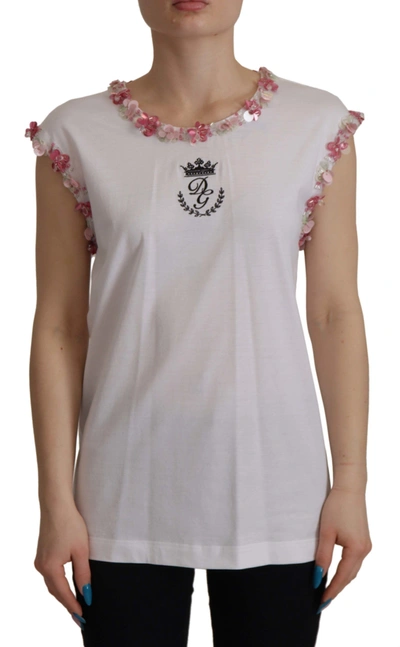 Dolce & Gabbana Chic Sequined Crown Tank Top Women's T-shirt In White