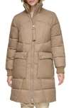 Andrew Marc Ribbed Collar Long Puffer Jacket In Mushroom
