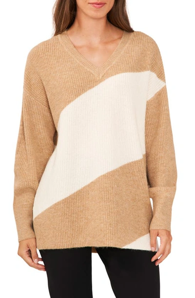 Halogen Diagonal Colorblock Sweater In Latte Heather Brown