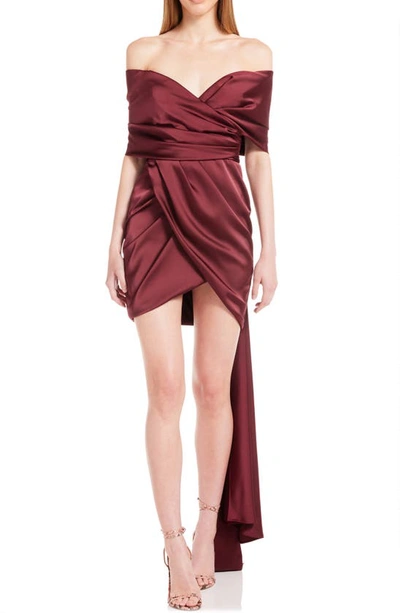 Katie May Miss Jenn Off The Shoulder Satin Cocktail Minidress In Bordeaux
