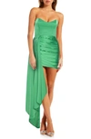 Katie May Chasing Dawn Side Drape Strapless Satin Minidress In Emerald