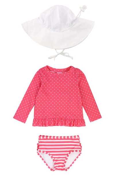 Rufflebutts Babies' Two-piece Rashguard Swimsuit & Hat Set In Pink Heart Polka Dot