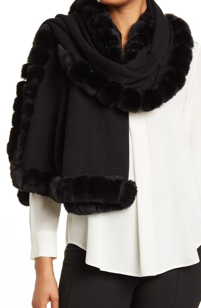 La Fiorentina Faux Fur Trim Wrap Scarf In Black