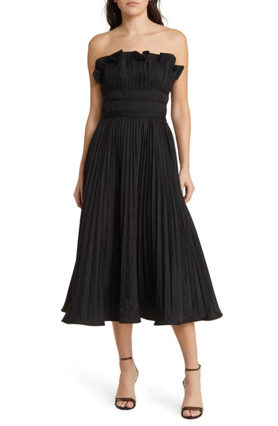 Moon River Strapless Pleated Midi Dress In Black