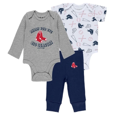 Wear By Erin Andrews Babies' Newborn And Infant Boys And Girls Gray, White, Navy Boston Red Sox Three-piece Turn Me Around Bodysu In Gray,white,navy