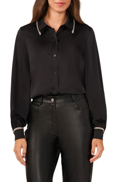 Halogen Beaded Double Collar Button-up Shirt In Rich Black