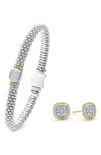 Lagos Caviar Beaded Bangle & Stud Earrings Set In Silver