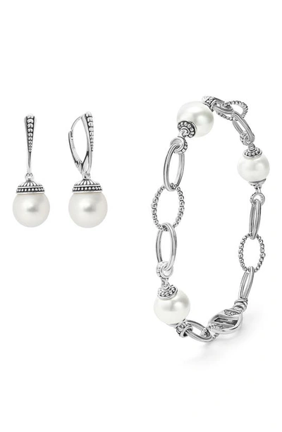 Lagos Freshwater Pearl Drop Earrings & Bracelet Set In Silver White