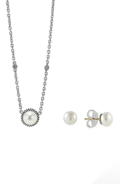 Lagos Freshwater Pearl Stud Earrings & Pendant Necklace Set In Silver/ Pearl