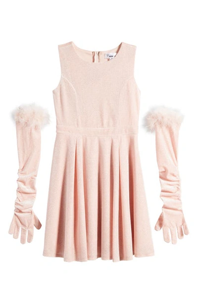 Love, Nickie Lew Kids' Glitter Stretch Velvet Party Dress & Gloves Set With Feather Trim In Blush/ Gold