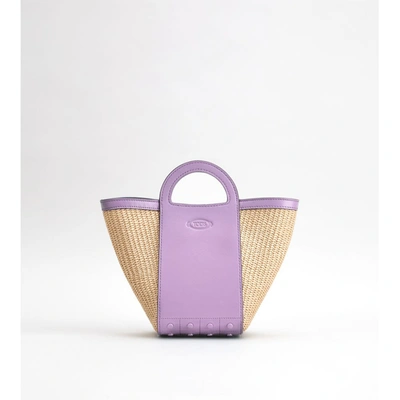 Tod's Gommini Shopping Bag Mini In Leather And Matting In Purple