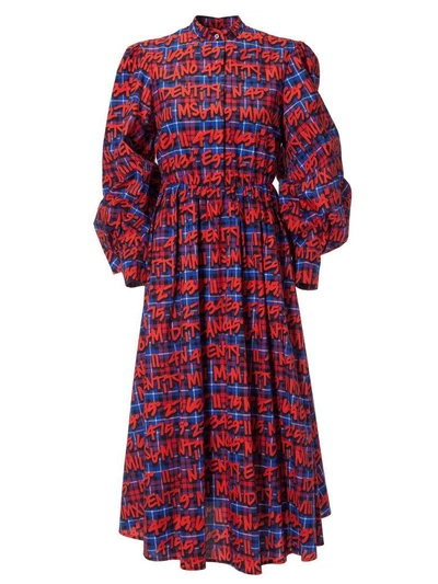 Msgm Plaid Logo Dress In Rosso/blu