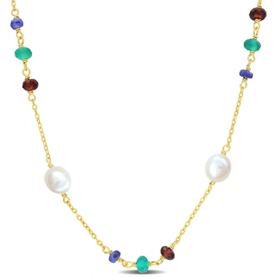 Mimi & Max 2 1/2ct Tgw Blue Sapphire Garnet Green Onyx Beads And 5-6.5mm Cultured Freshwater Pearl Necklace In