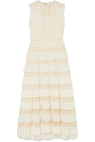 Red Valentino Lace-trimmed Crepe De Chine And Point D'esprit Tulle Maxi Dress In Avorio