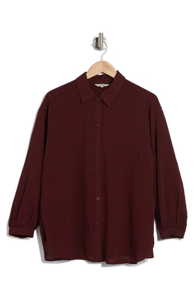 Max Studio Grid Textured Long Sleeve Button-up Shirt In Burgundy