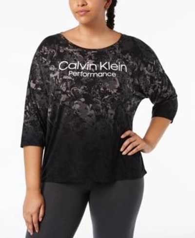 Calvin Klein Performance Plus Size Logo-print Top In Black Floral Combo