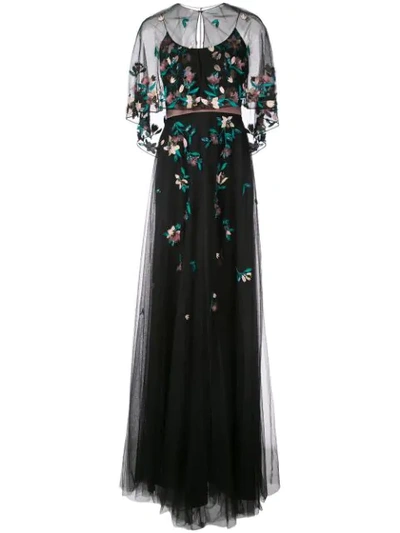 Marchesa Notte Floral-embroidered Cape Gown - Black