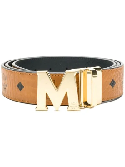 Mcm M Buckle Logo Print Belt In Cognac