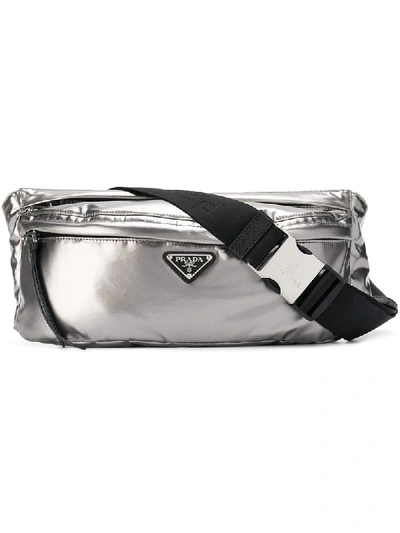 Prada Metallic Silver Logo Pu Belt Bag
