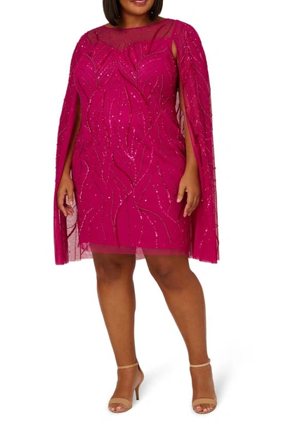 Adrianna Papell Beaded Cape Sleeve Cocktail Dress In Hot Orchid
