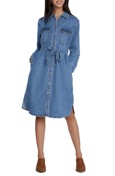 Wash Lab Denim Chloe Long Sleeve Belted Denim Shirtdress In Blue Cloud