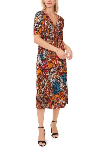 Chaus V-neck Faux Wrap Midi Dress In Black/ Multi