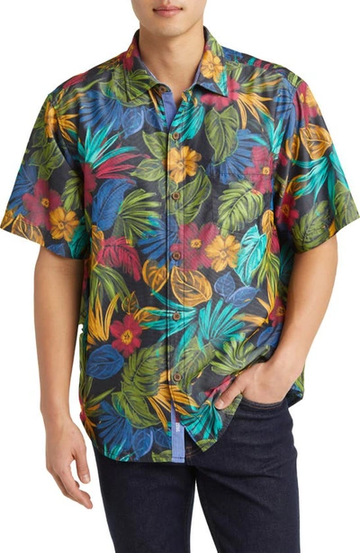Tommy Bahama Coconut Point Vivd Tropics Print Short Sleeve Button-up Shirt In Black