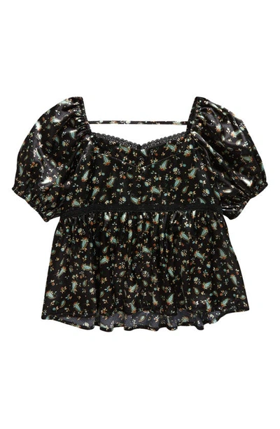 Love, Fire Kids' Floaty Floral Paisley Cutout Lace Trim Top In Black Floral