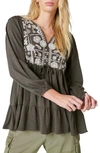 Lucky Brand Embroidered Long Sleeve Top In Raven
