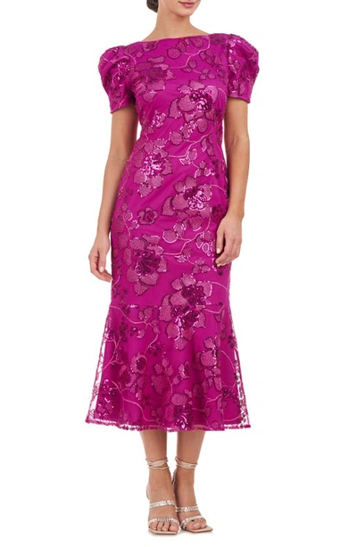 Js Collections Ayla Sequin Floral Midi Cocktail Dress In Fuchsia